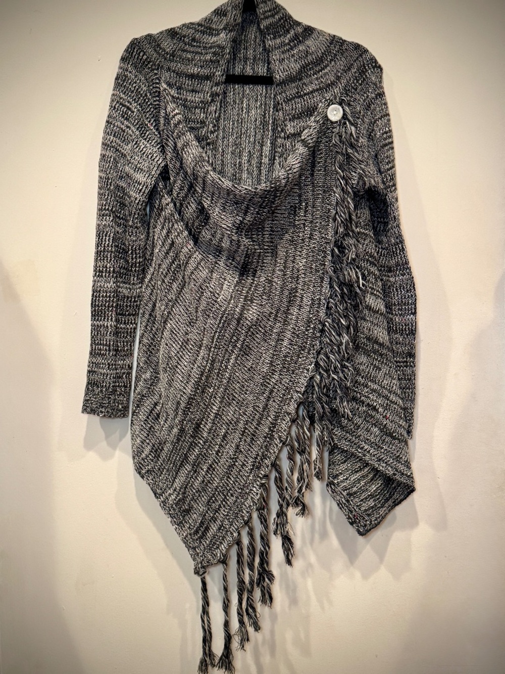 Black White Marled Asymmetrical Fringe Wrap Cardigan Sweater M